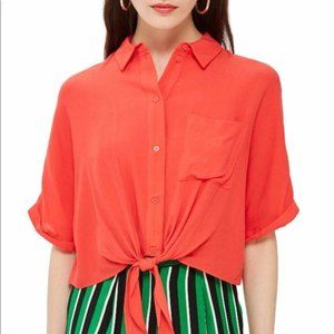 Topshop Kyla Tie Front Button Down Short Sleeve Collared Shirt